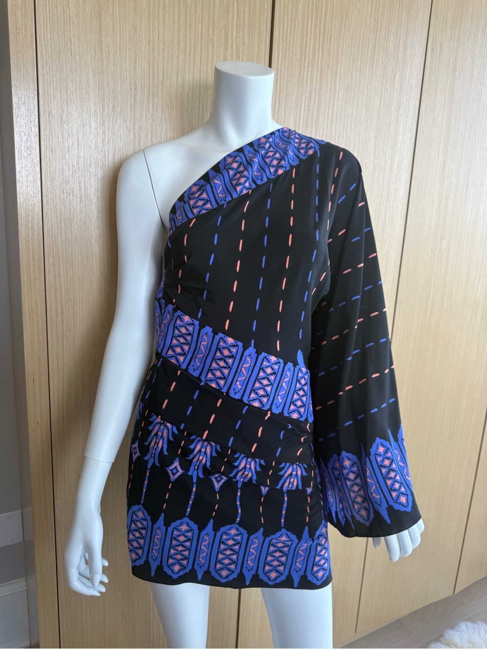 Johanna Ortiz Black One-Shoulder Mini Dress with Blue and Pink Black Canyon New